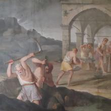 Età del Rame presenta in primo piano due uomini che scavano in una miniera a cielo aperto, mentre altri sullo sfondo faticano sotto una loggia