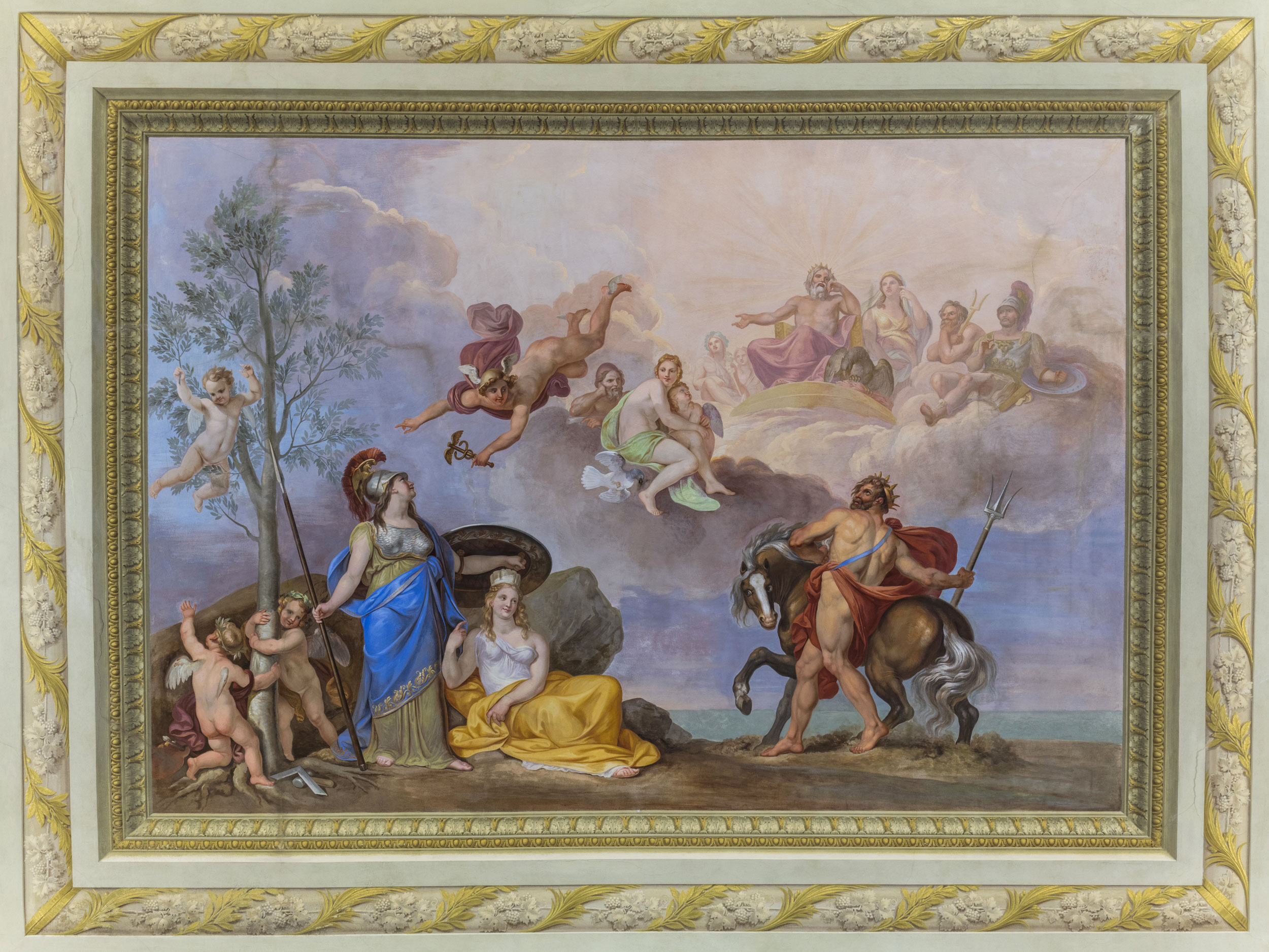 The painting exhibited in the Throne Room illustrates the challenge between Pallas and Neptune for the name to give to Athena and alludes to the decisional communion between the King, the Councilors and the population in the state affairs. A garland frames the scene