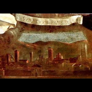 Dipinto della Città di Lucca con sullo sfondo sopra le torri una pergamena con scritta in latino