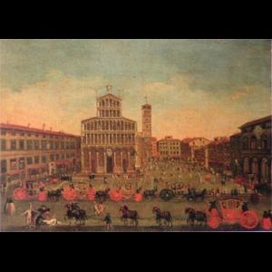 Painting of a view of S. Michele in foro square in a very crowded moment of the day.