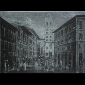 Painting of the tower and the Palazzo seen from the street with pedestrian.