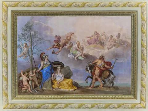 Il quadro esposto nella Sala dei Consiglieri rappresenta la Sfida di Pallade e Nettuno per il nome da darsi ad Atene e allude all'unità decisionale tra Re, Consiglieri e Popolo negli affari di stato. Un festone incornicia la scena